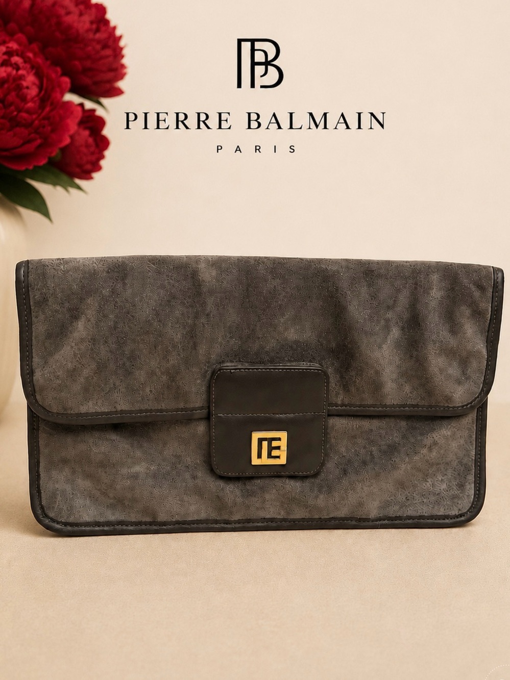 Vintage Pierre Balmain Gray Suede Leather Clutch Gold Logo Hardware